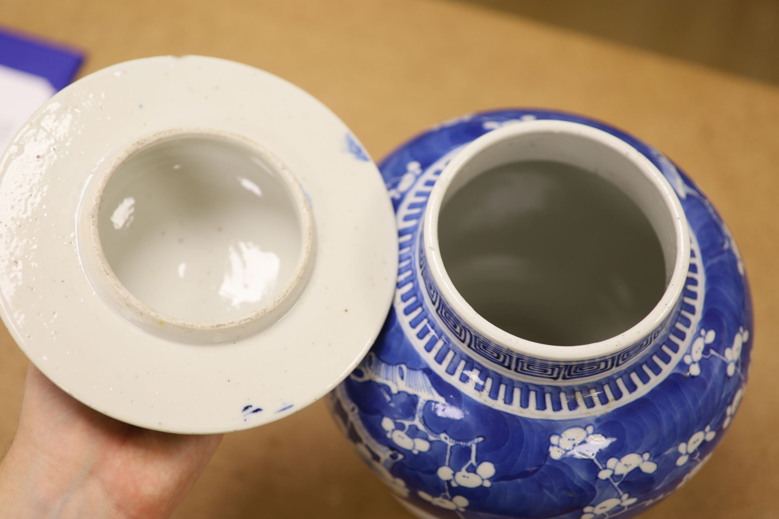 A 19th century Chinese blue and white prunus jar and cover, height, 33cm
